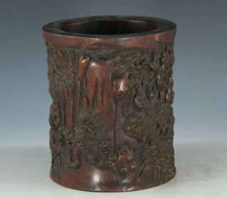 Chinese Exquisite Handmade landscape people Carving wood Brush pot 8