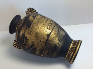 19/20th C Meiji Japanese Satsuma Black & Gold Hand Painted Vase Signed