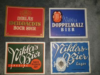 4x Vintage Niklas Beer Labels.  Brauerei Wesenufer Austria.  Good Labels