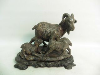 19th Century Oriental Chinese Soapstone Carving Of A Goat And Two Kids On Base