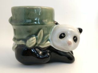 Ceramic Panda Bear With Bamboo Planter Green Vintage Pencil Holder