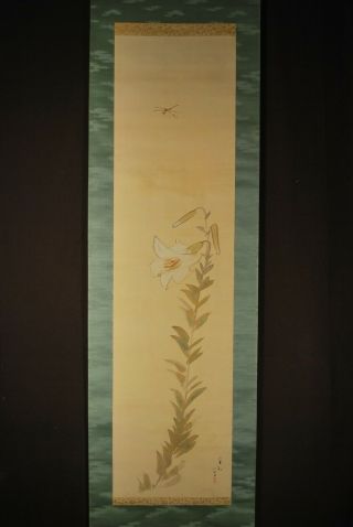 Hand Painted (on Silk) Japanese Scroll / Dragon Fly & Lily