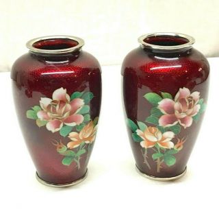 Vintage Japanese Ginbari Pigeon Blood Cloisonne Flower Vases 5 Inch