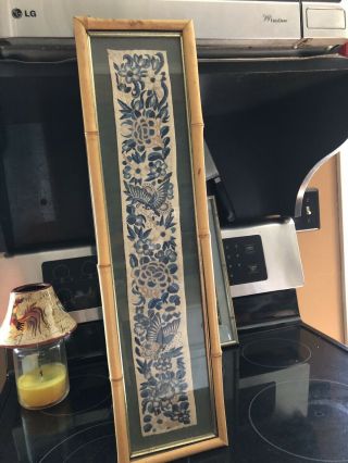 Blue Chinese Silk Embroidery Bamboo Framed Under Glass