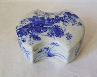 Antique Japanese Blue & White Porcelain Box & Lid : Unusual Shape : C19th