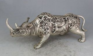 Chinese Fengshui Silver Copper Beast Kirin Kylin The Rhino Rhinoceros Statue