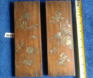 Antique Oriental Mother Of Pearl Inlay Wood Plaques X 2 Wall Or Surface