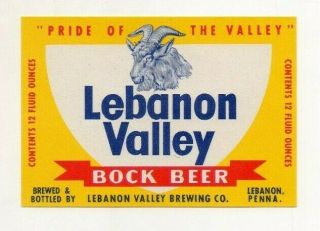 12oz Lebanon Valley Bock Beer Bottle Label Lebanon Valley Brewing Co Lebanon Pa
