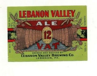 12oz Irtp Lebanon Valley Ale 12 Vat Label Lebanon Valley Brewing Co Lebanon Pa