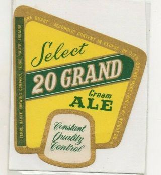 Qt Select 20 Grand Cream Ale Label By Terre Haute Brewing Co Terre Haute Indiana