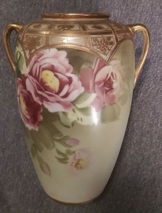Antique Nippon Matte Porcelain " Roses " Vase Gold Trim Body 7 " Tall Japan
