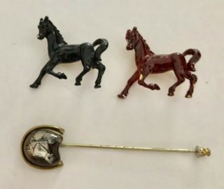 2 Vintage Horse Pins/brooches And 1 Horse Head Stick Pin.