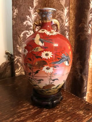 Japanese Antique Satsuma Meiji Period Vase With Stand 9” Inch