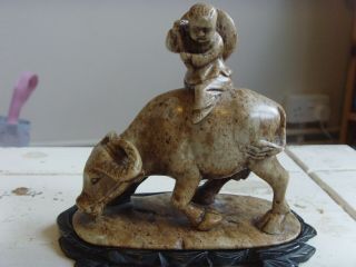 Antiquechinese Carved Hardstone Soapston Boy On Water Buffalo With Carved Stand.