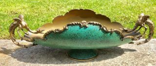 Vintage Chinese Dragon Handle Brass / Green Centre Piece Bowl Enamel Cloisonné