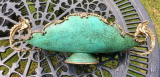 Vintage Chinese Dragon Handle Brass / Green Centre Piece Bowl Enamel Cloisonné 2