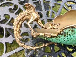 Vintage Chinese Dragon Handle Brass / Green Centre Piece Bowl Enamel Cloisonné 3