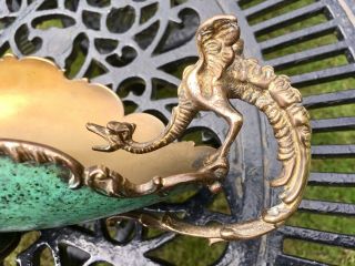 Vintage Chinese Dragon Handle Brass / Green Centre Piece Bowl Enamel Cloisonné 4