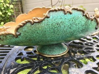 Vintage Chinese Dragon Handle Brass / Green Centre Piece Bowl Enamel Cloisonné 6