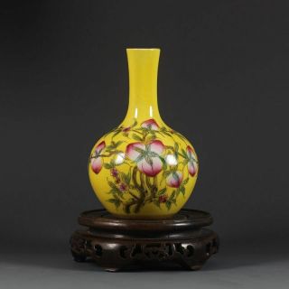 Chinese Old Marked Yellow Ground Famille Rose Nine Peach Fu Shou Porcelain Vase