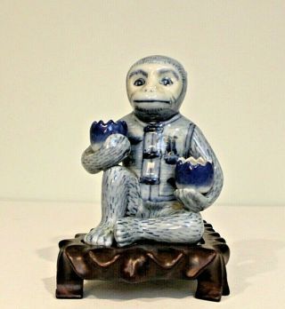 Blue And White Porcelain Monkey With Stand China Vintage