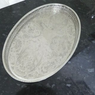 Vintage Chased Silver Plate On Copper Oval Drink Tray Pierced Gallery 15.  5 X 9.  5