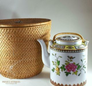 Mid - Century Chinese Enamel Painted Kettle Teapot In Basket