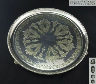 Large Antique Round Ornate Embossed Serving Tray Salver Silver Plate On Nickel