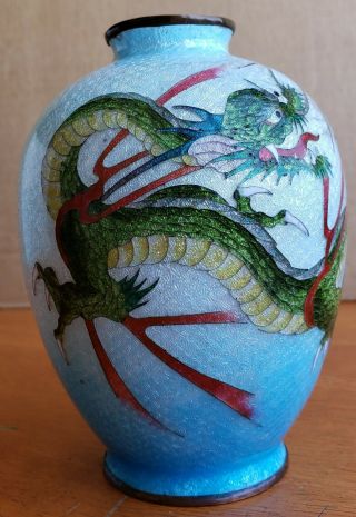 Signed Antique Japanese Ginbari Cloisonne Vase With Dragon In Blue Sky 5 Inch