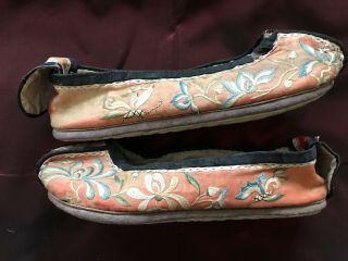 Antique 19thc Chinese Silk Shoes Lotus Embroidery