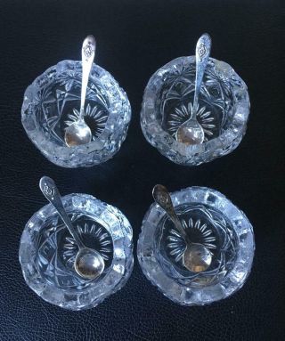 Four Antique Glass Salt Cellars With Sterling Silver Spoons