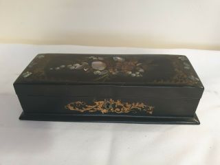 Antique Vintage Glove Trinket Box Black Lacquered Mother Of Pearl