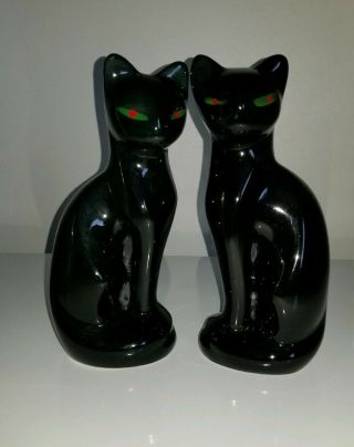 Vintage Pair 2 Kitty Cats Green Eyes Porcelain Ceramic High - Gloss Black 8.  5 " Set