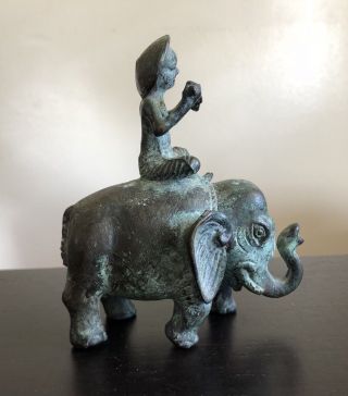 Fine Antique Chinese Bronze Elephant & Rider Sculpture Scholar Art Paperweight