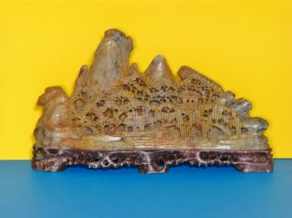 Rare Antique Chinese Soapstone Carving Of A Mountain Village Scene Sculpture Vtg
