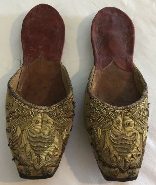 Pair Antique 19thc.  Persian Middle Eastern Gold Braid Slipper Shoes