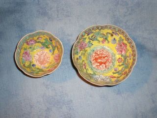 Set of 2 Stunning Egg Shell Porcelain Chinese Fluted Bowls w/Enameled Dragons 3