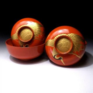 6b5: Vintage Japanese Lacquered Wooden Covered Bowls,  Makie,  Crane