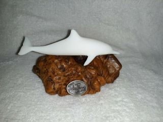Vintage John Perry White Dolphin Resin & Burl Wood Sculpture