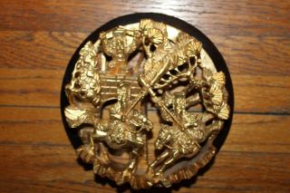 1900 Chinese Hand Carved Round Gold Gilt Wood Panel Taoist Immortal Motifs