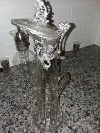 Vintage Cut Glass Flower Design Pitcher With Silver Top 15 " Tall Bottom 4 " Wide