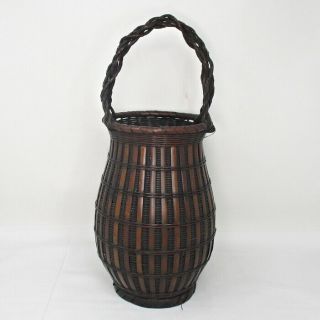 H387: Japanese Flower Basket Of Bamboo Weaving Ware W/wonderful Taste And Work