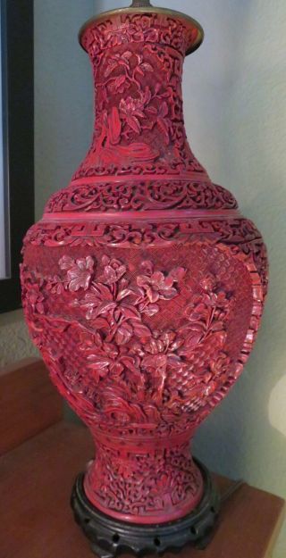 Exquisite Antique Qing Chinese 28 " Highly Carved Red Cinnabar Lacquer Vase Lamp