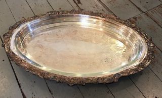 Vtg Silver Plate Footed Oval Serving Tray & Glass Pyrex Dish 1233 3qt Wedding