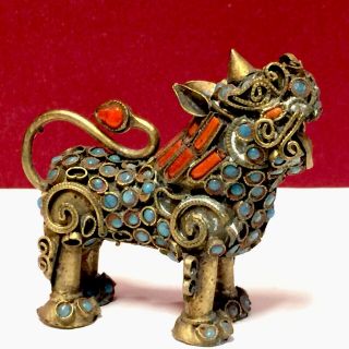 Rare Antique 1700s.  Chinese Bronze Foo Dog Figurine W/corals,  Turquoises,  Filigree