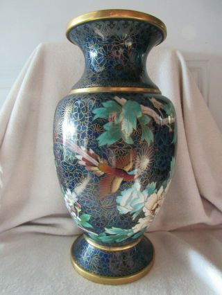 Large Top Quality Vintage Chinese Export Cloisonné Enamel Flower Bird Vase Blue