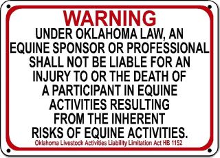 Oklahoma Equine Sign Activity Liability Warning Statute Horse Farm Barn Stable