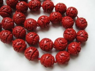 Fine Old Chinese Carved Red Cinnabar 24 " Long Beaded Necklace