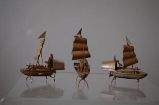3 Miniature Sterling Silver Junk Boats