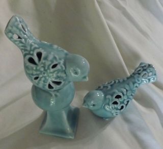 Vintage Pale Blue Porcelain Pedestal Birds Tail Winglattice Figurines Pair Set 2